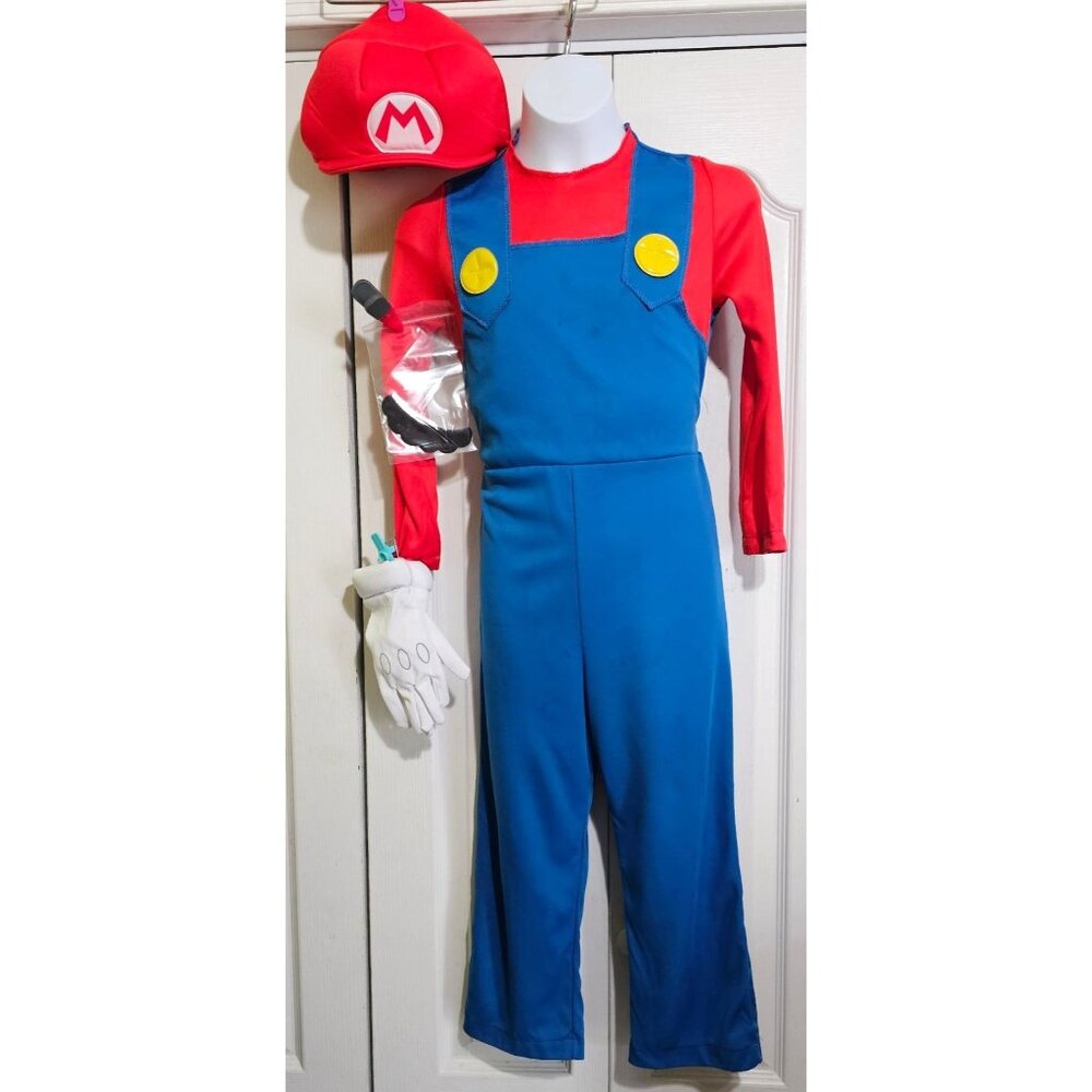 Super Mario Costume Boys 7-8 Jumpsuit Hat Mustache Gloves Halloween Nintendo Boy